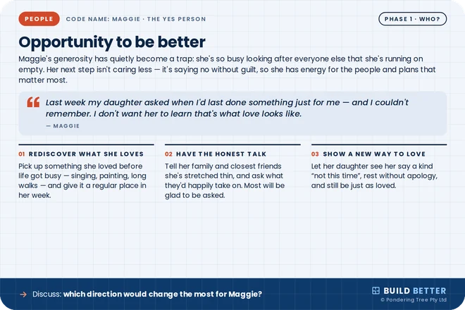 Back of Maggie's People card: Opportunity to be better, with a quote and three directions
